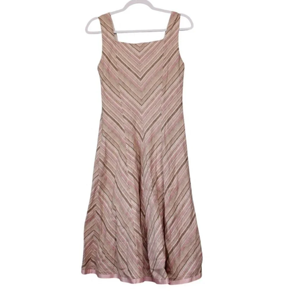 Fit & Flare Swing Midi Dress Size 4 Linen Chevron Beach Retro Boho Sundress